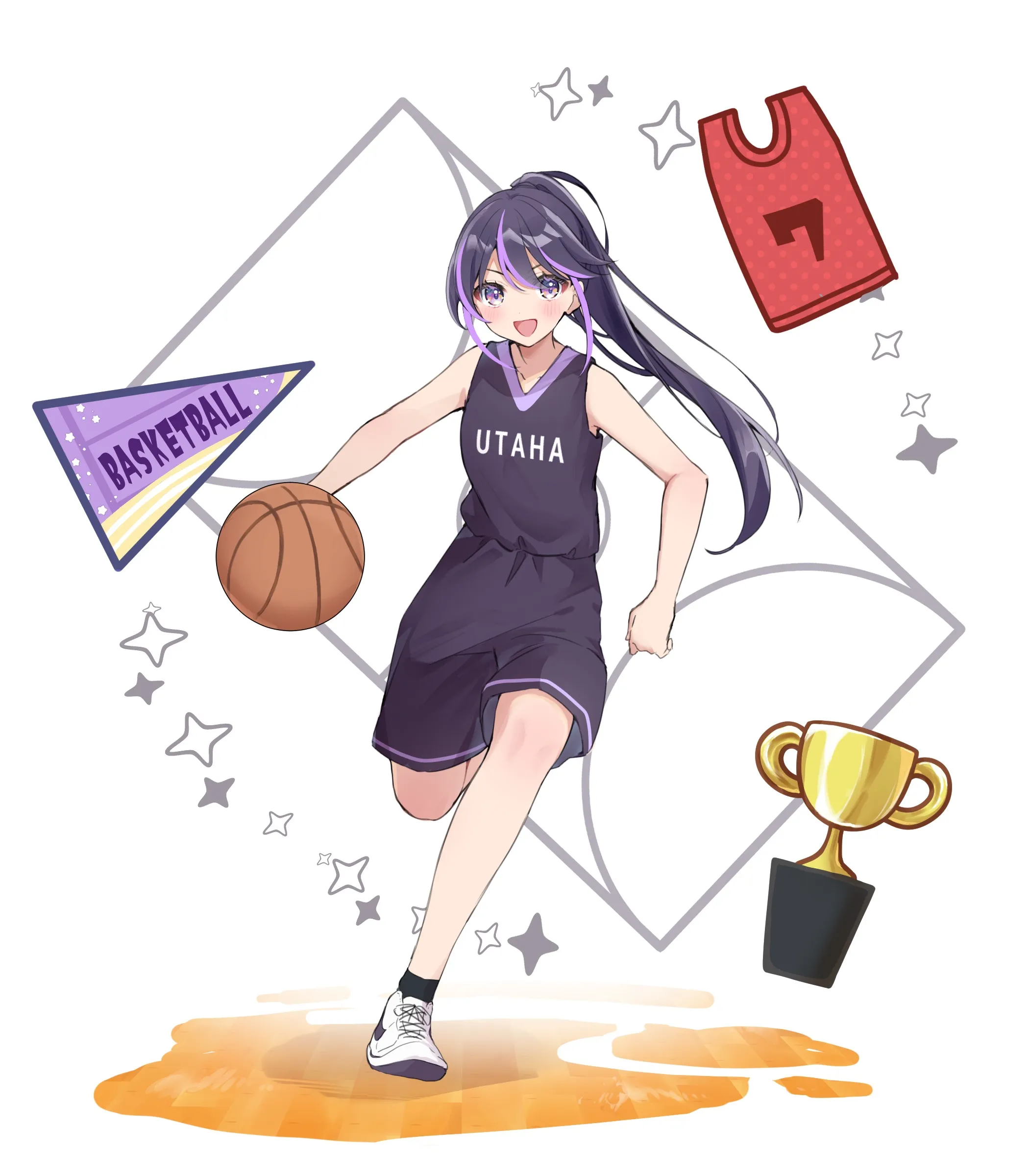バスケットボールのユニフォーム姿でドリブルする「うたは」のイラスト